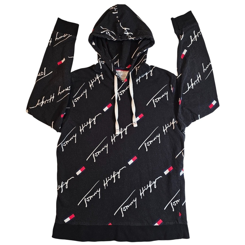 Vintage Tommy Hilfiger Medium All Over Print Script Logo Hoodie Black White Red